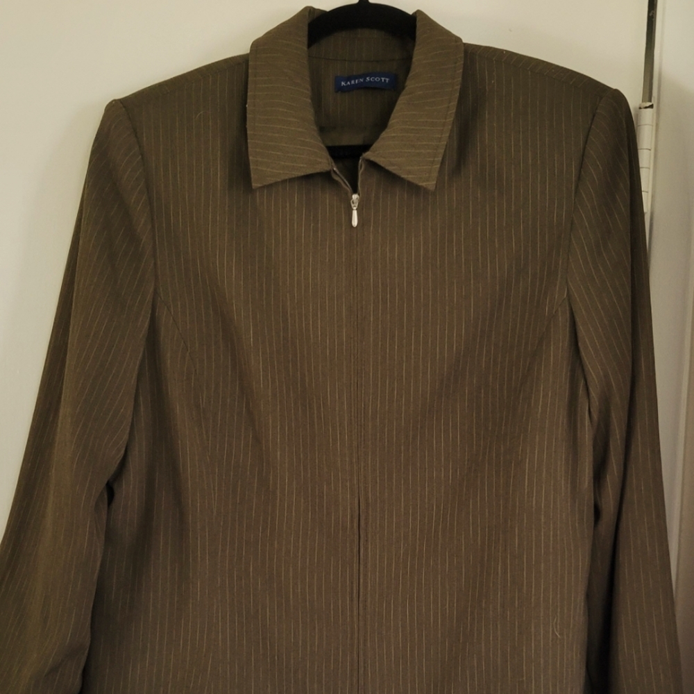 Karen Scott Brown Pin-striped zip-up jacket